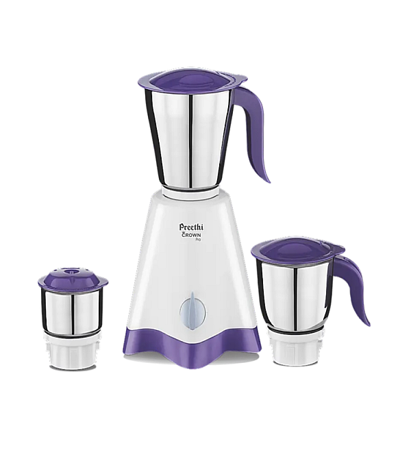 Preethi Crown Pro Mixer Grinder 600 Watt with 3 Jars, 5 Year Warranty (White/Purple)